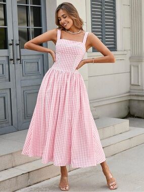 Brand New! Pink Gingham Square-Neck Maxi Corset Dress (Size: Large)
